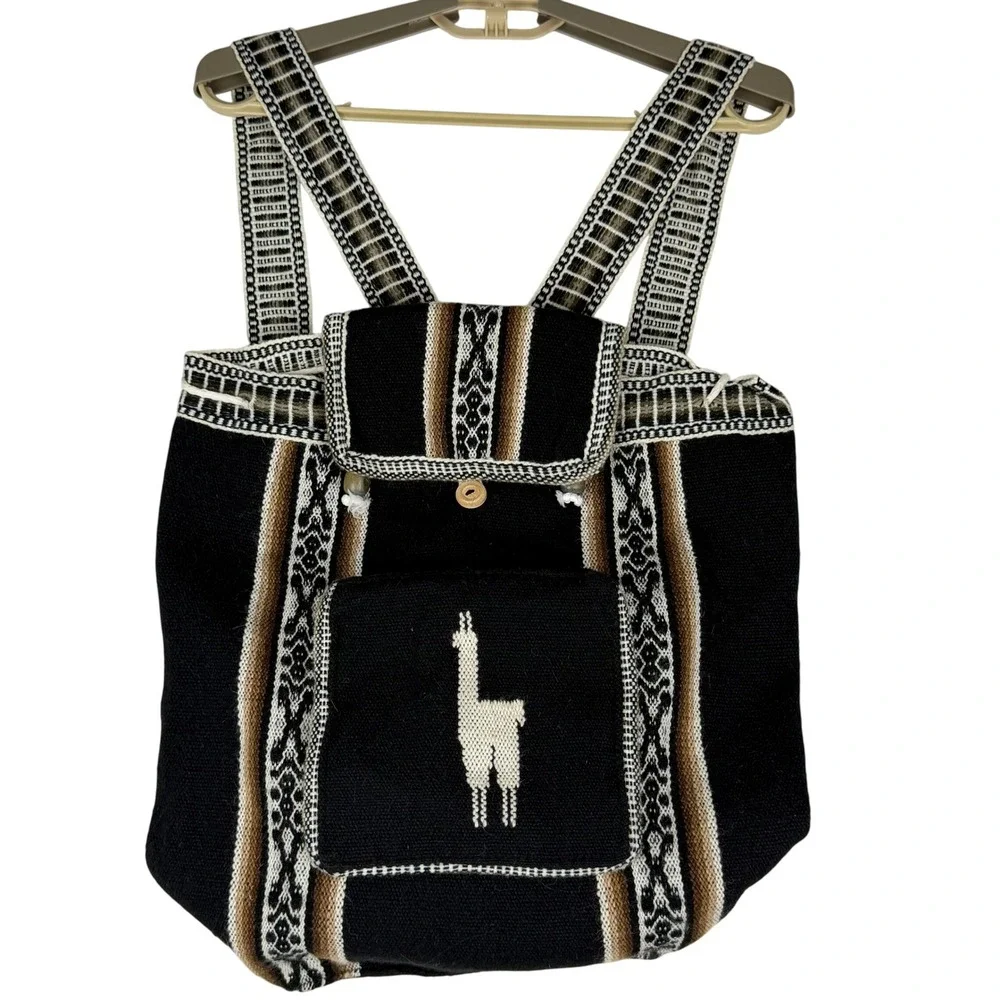 Peruvian Woven Llama Backpack Black Artisan Boho Andean Drawstring Bag